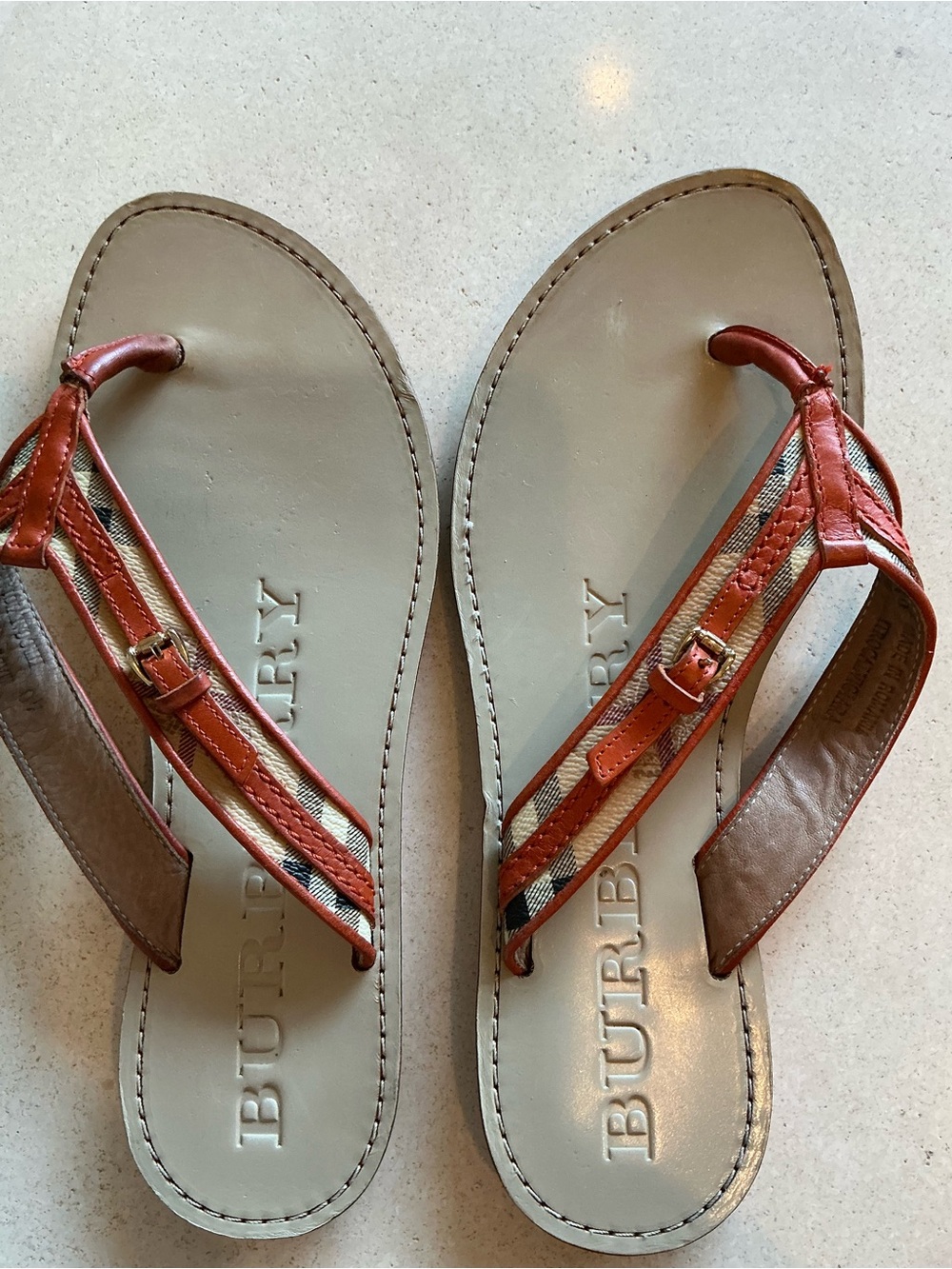 Burberry Brown Tan Footbed Sandals with Red Leather & Signature Check Straps